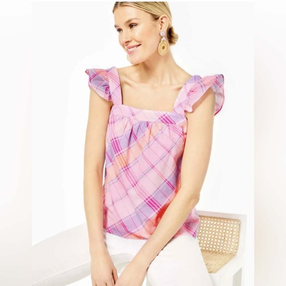 Lilly Pulitzer Reyna Top Pink Isle Madras Plaid Ruffle Strap Babydoll – M